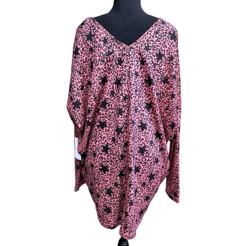 Pink Dolman Top Black Star Print Long Sleeve Tunic Cozy Casual Women's Size L - Picture 2 of 8